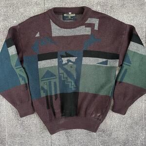 Men's Vintage 90's Kellerman Maroon Tribal Aztec Color Block Ski Sweater Sz 34